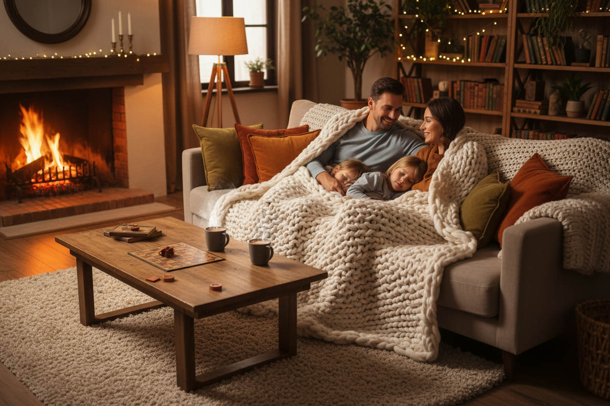 family sitting together in a cozy environment, wrapped in a cozy blanket